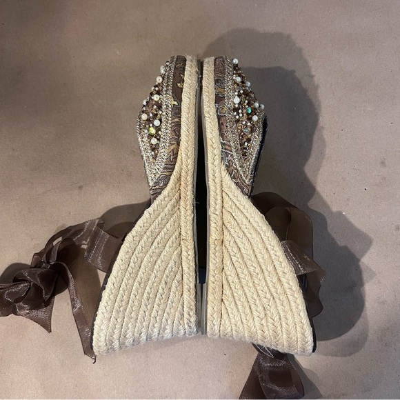 Steve Madden Bommbay Brown Beaded Espadrilles Wedge Ankle Tie Women’s US 9B - Picture 4 of 9